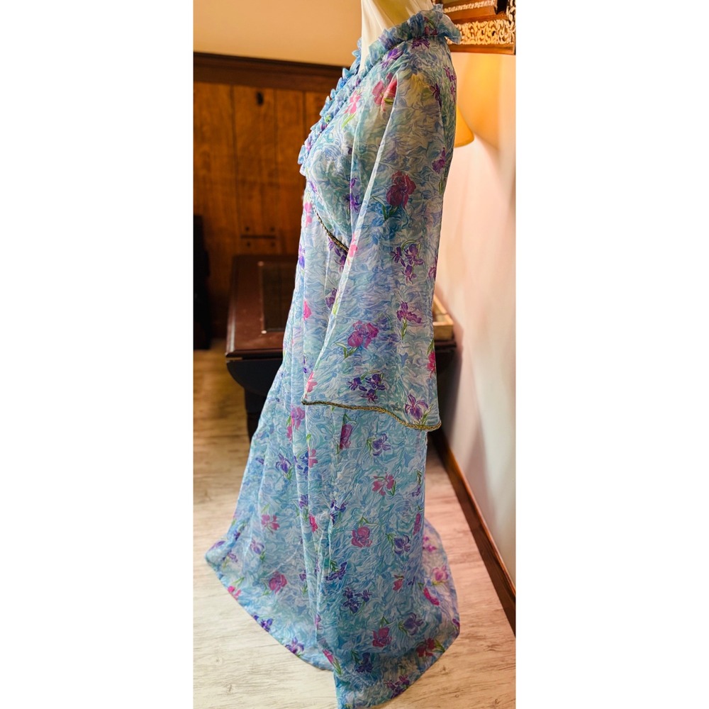 Vintage‎ 60s Mad Men flower Dress Set, Sheer Layered Gown Bell Sleeve S/M - Picture 12 of 16